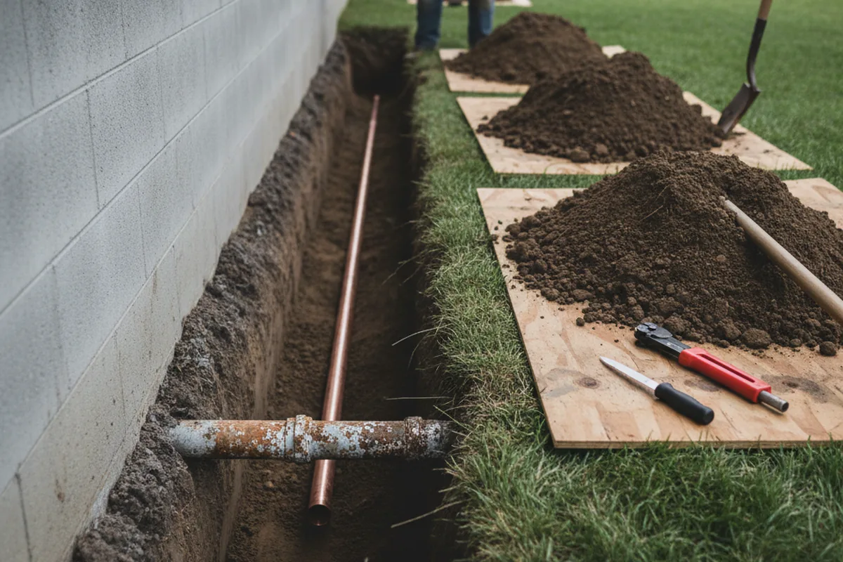 Excavated water line trench during Water Softener Installation in Orrum